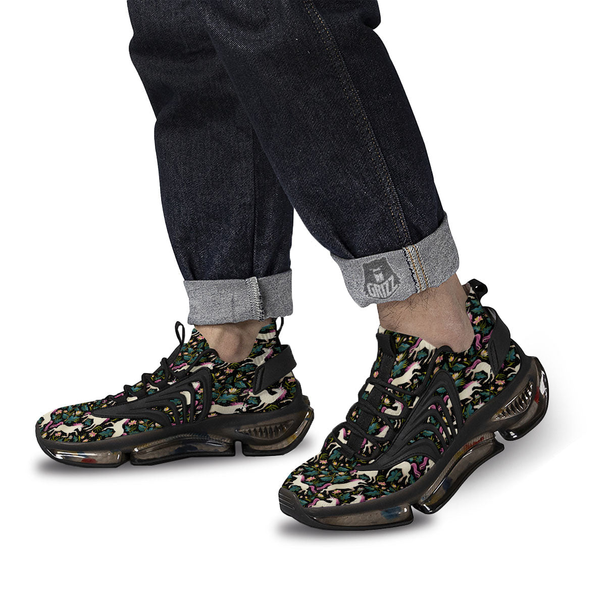 Unicorn Floral Print Pattern Black Gym Shoes-grizzshop