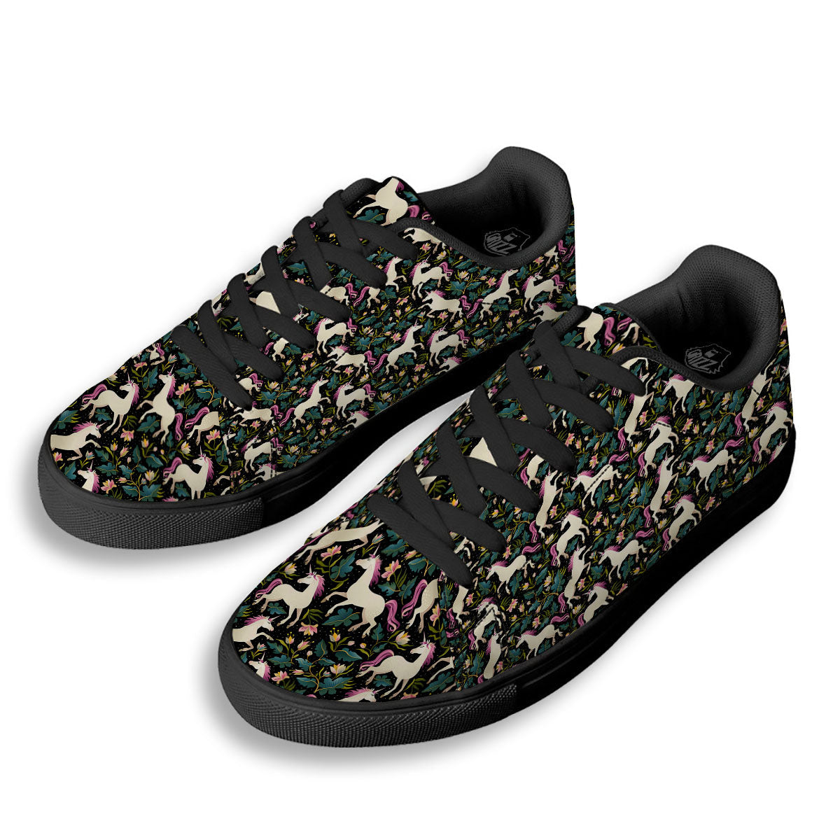 Unicorn Floral Print Pattern Black Low Top Sneakers-grizzshop