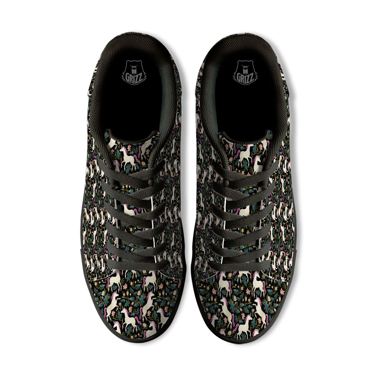 Unicorn Floral Print Pattern Black Low Top Sneakers-grizzshop
