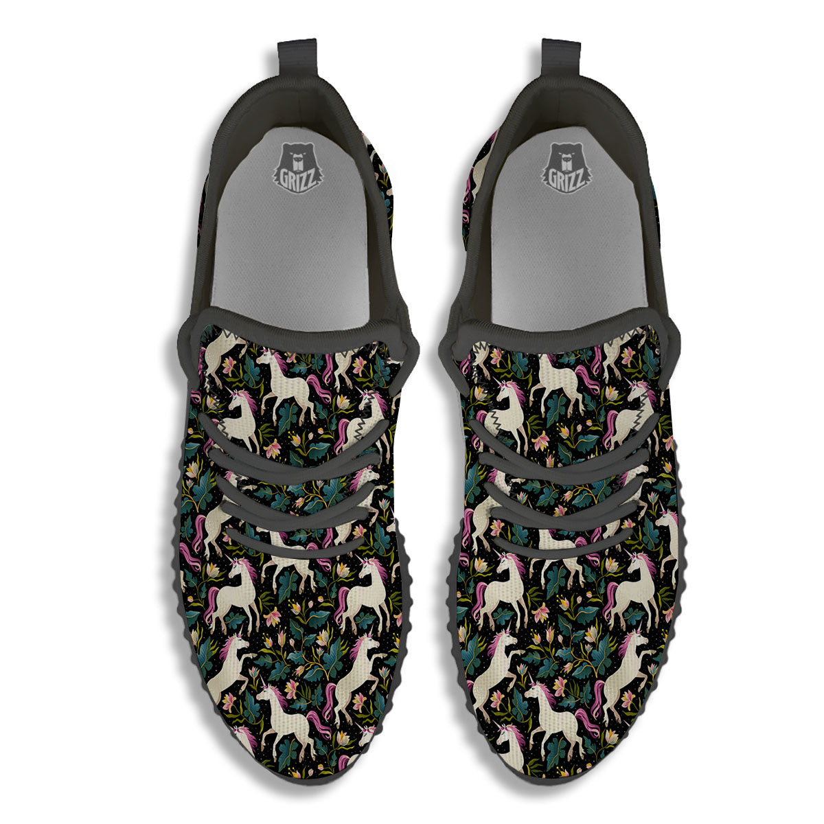 Unicorn Floral Print Pattern Black Walking Shoes-grizzshop