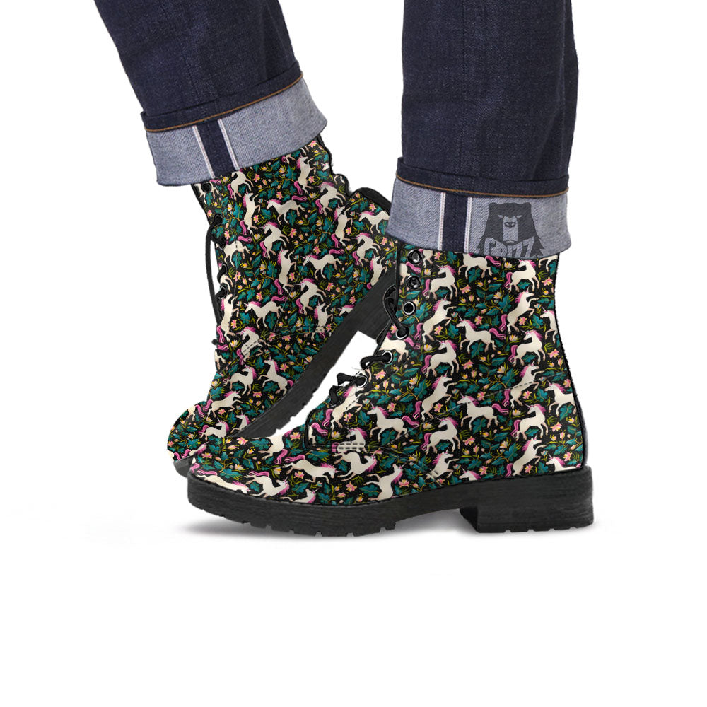 Unicorn Floral Print Pattern Leather Boots-grizzshop