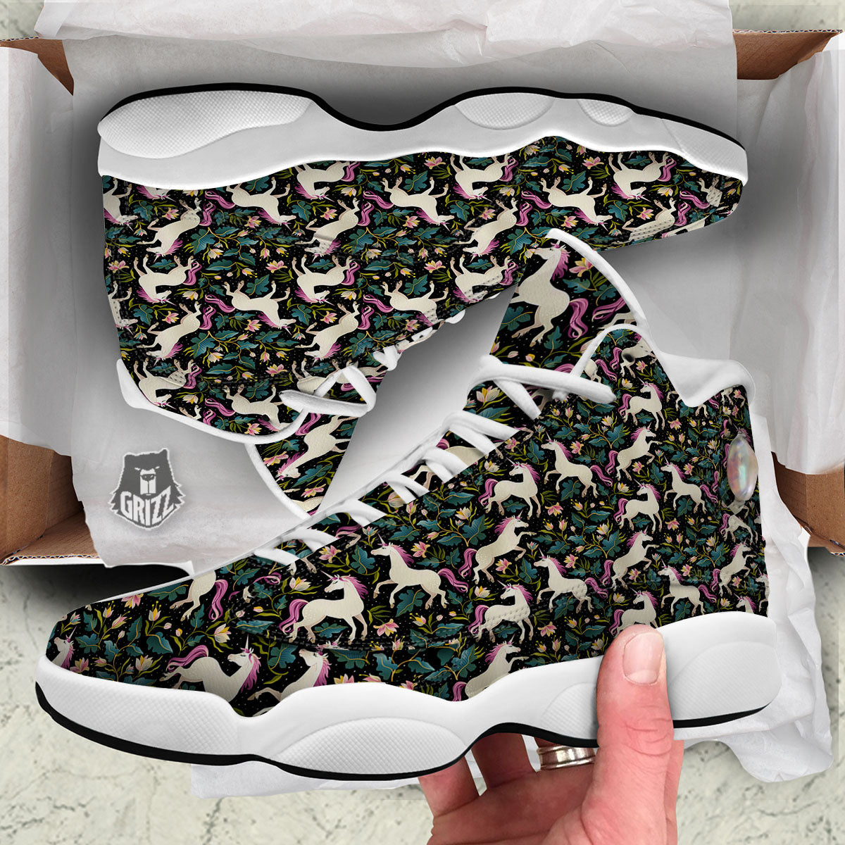 Unicorn Floral Print Pattern White Basketball Shoes-grizzshop