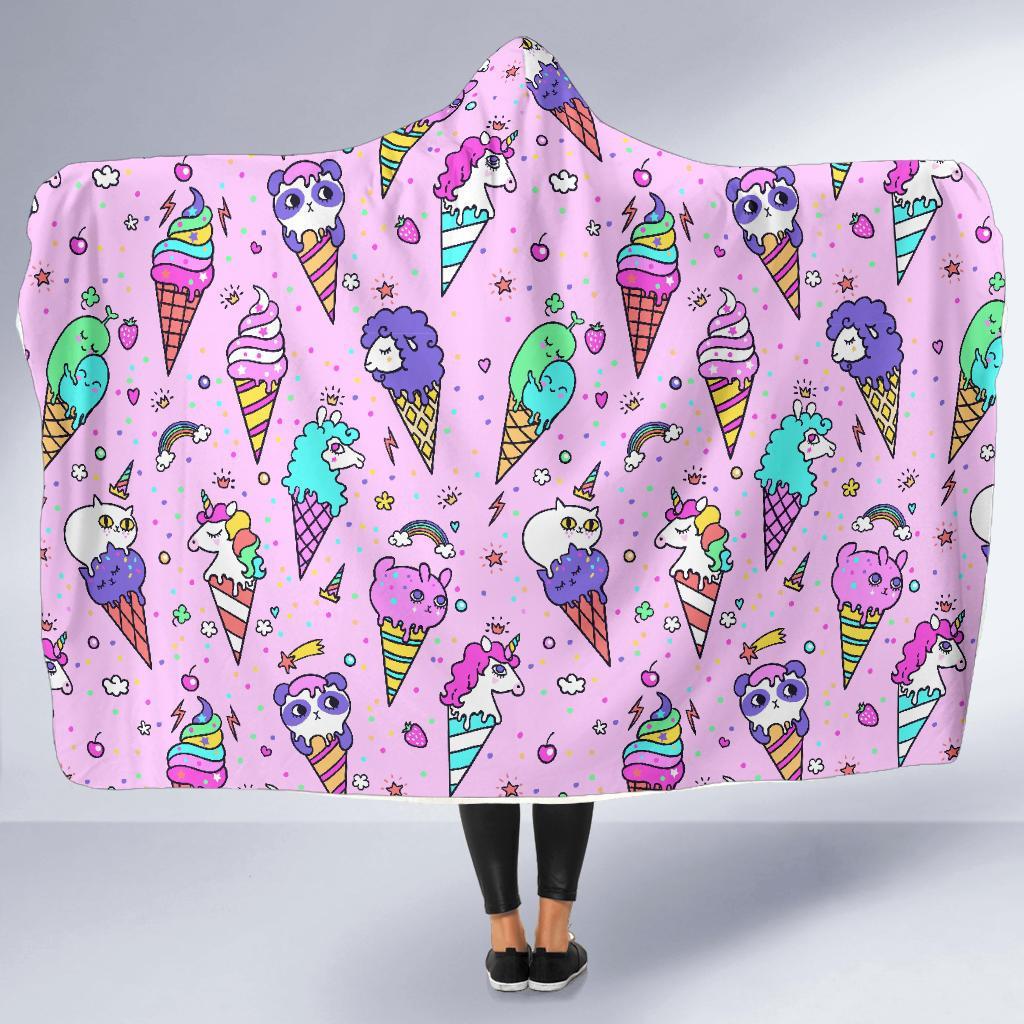 Unicorn Ice Cream Cone Pattern Print Hooded Blanket-grizzshop