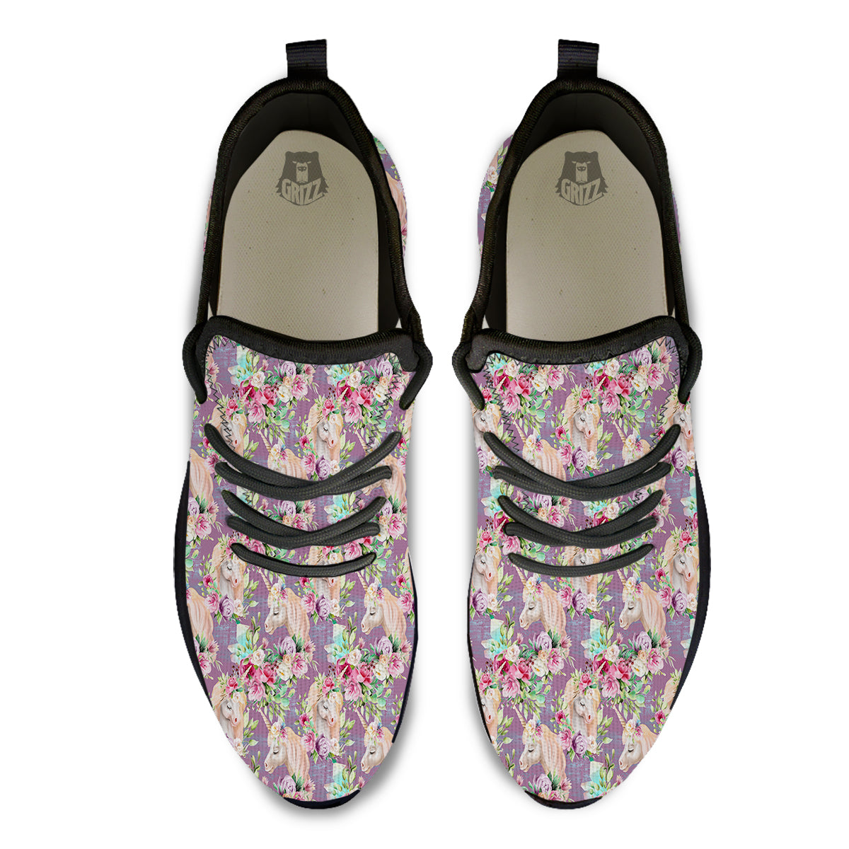 Unicorn Magic Floral Print Pattern Black Athletic Shoes-grizzshop