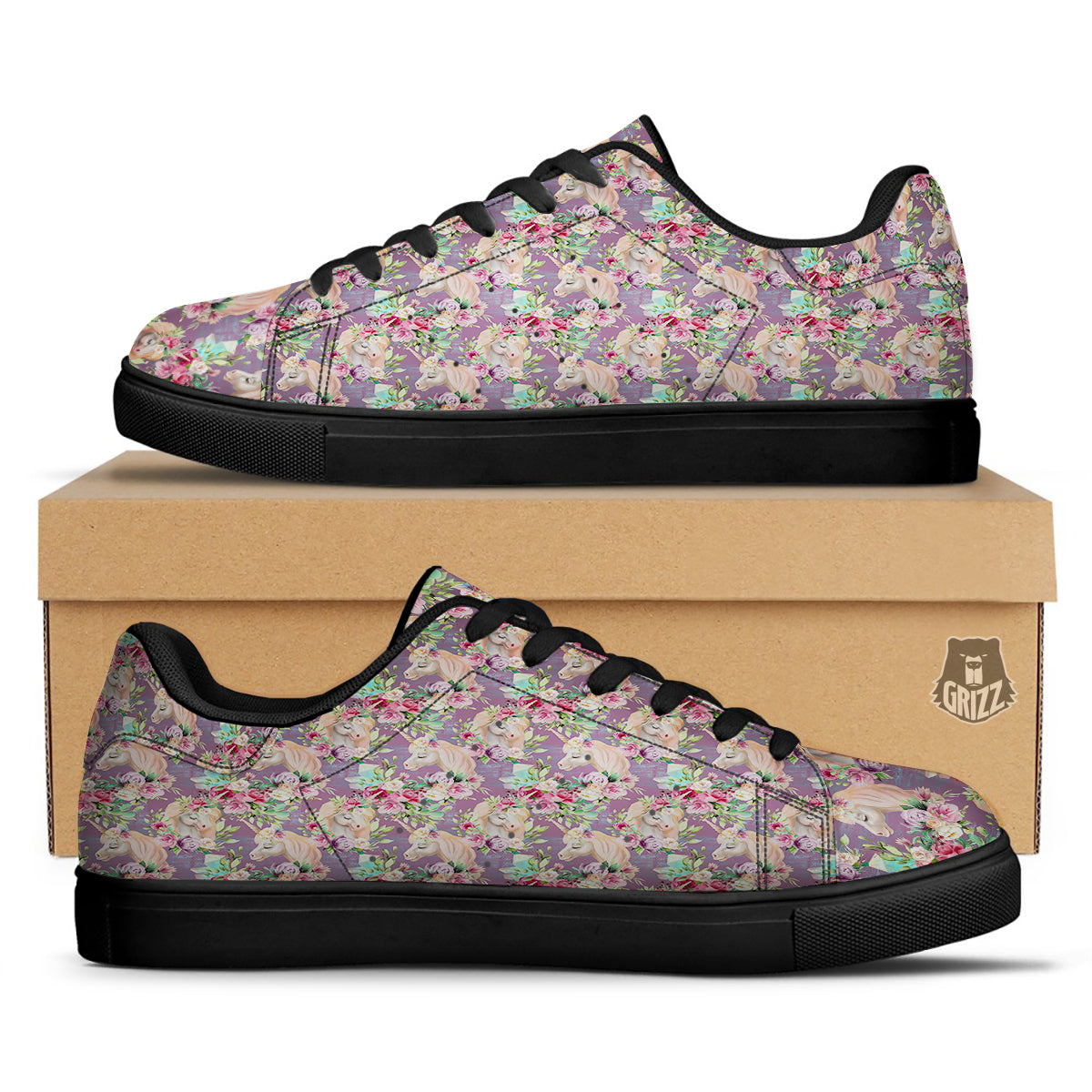 Unicorn Magic Floral Print Pattern Black Low Top Sneakers-grizzshop