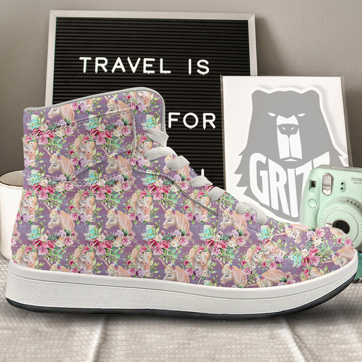 Unicorn Magic Floral Print Pattern High Top Sneakers-grizzshop