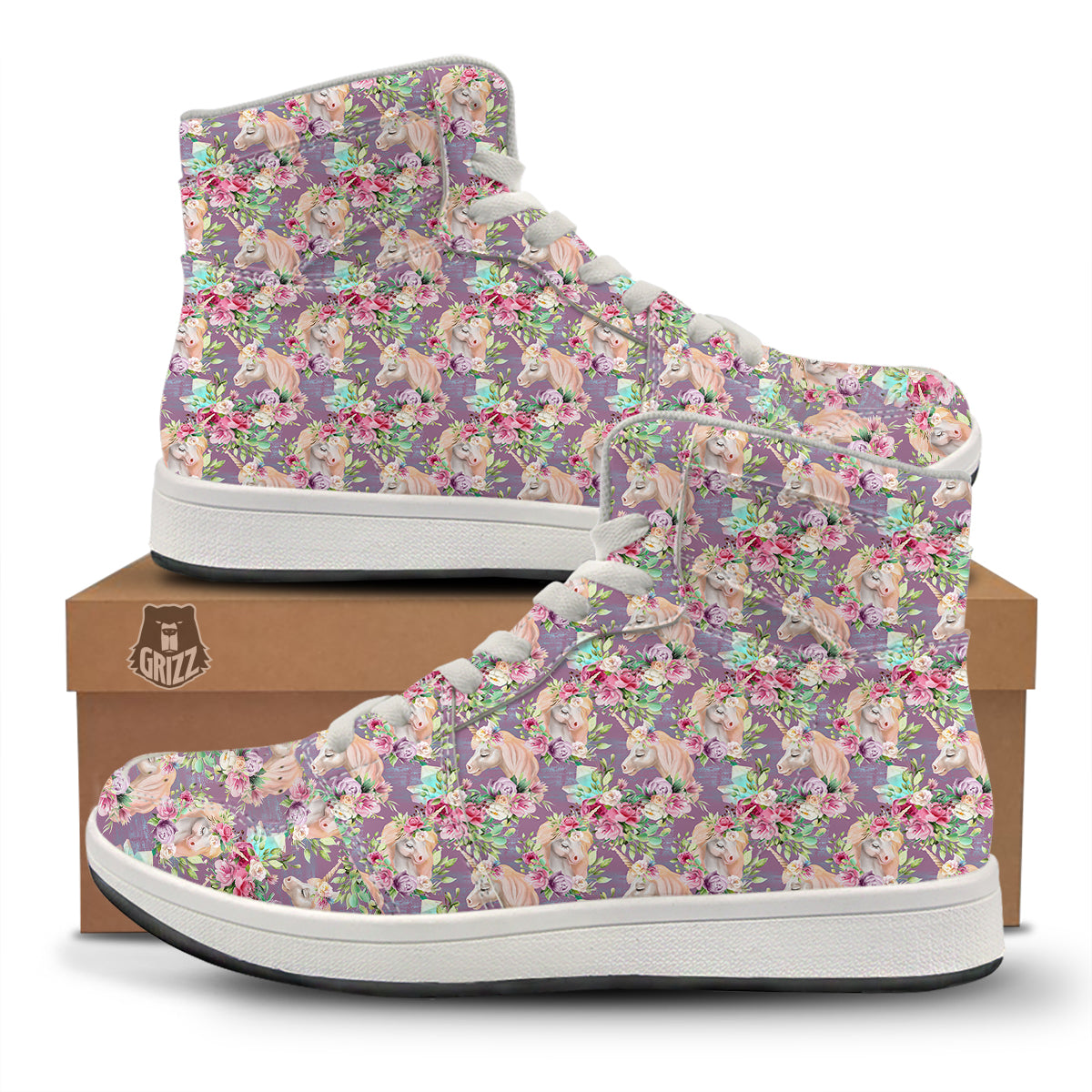 Unicorn Magic Floral Print Pattern High Top Sneakers-grizzshop