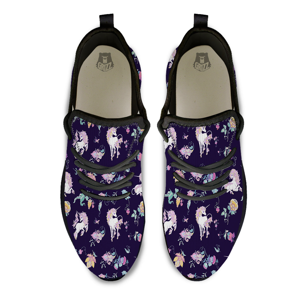 Unicorn Night Floral Print Pattern Black Athletic Shoes-grizzshop