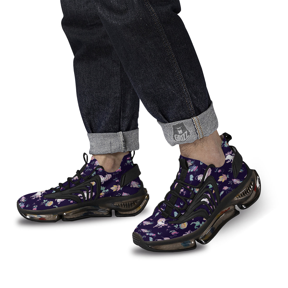 Unicorn Night Floral Print Pattern Black Gym Shoes-grizzshop