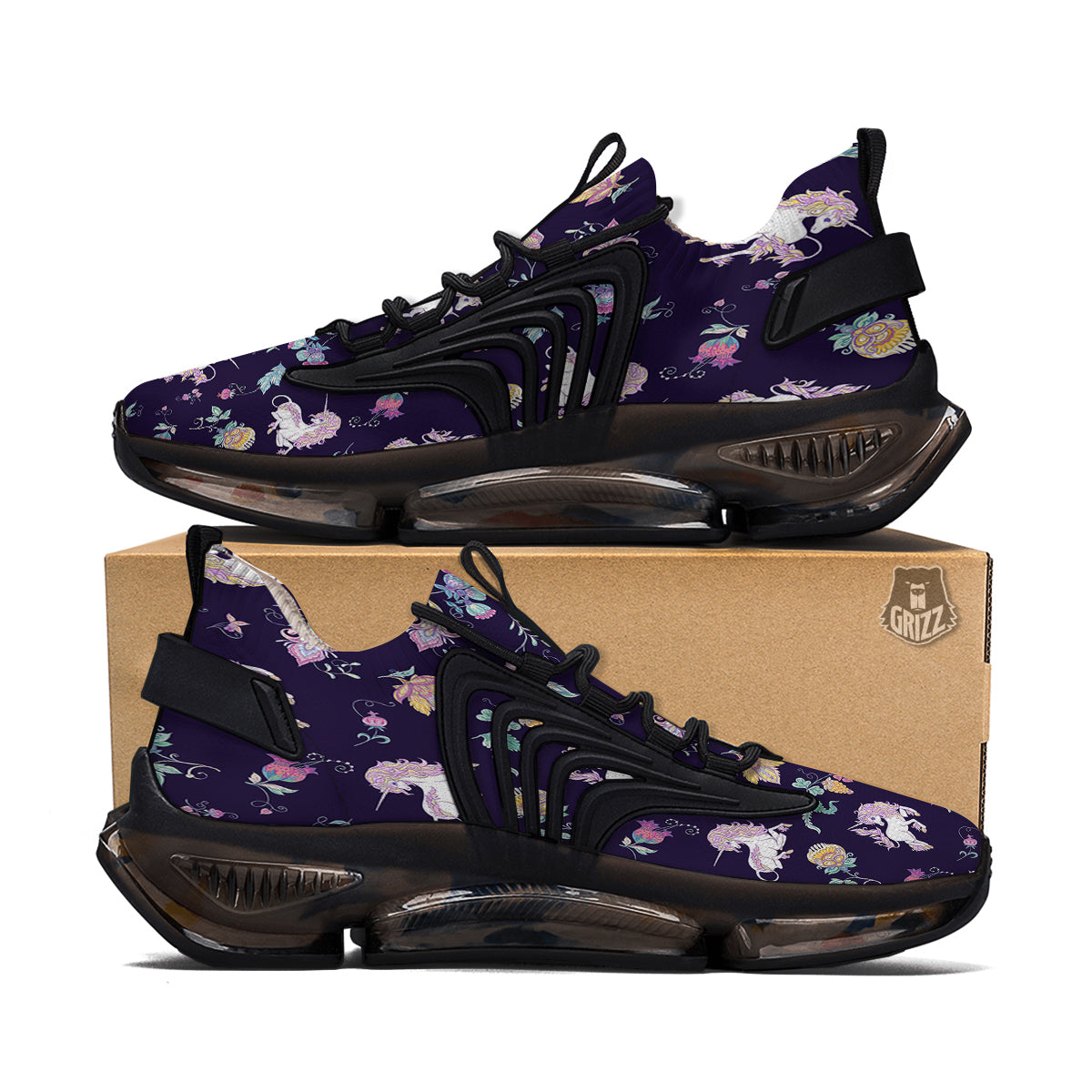 Unicorn Night Floral Print Pattern Black Gym Shoes-grizzshop