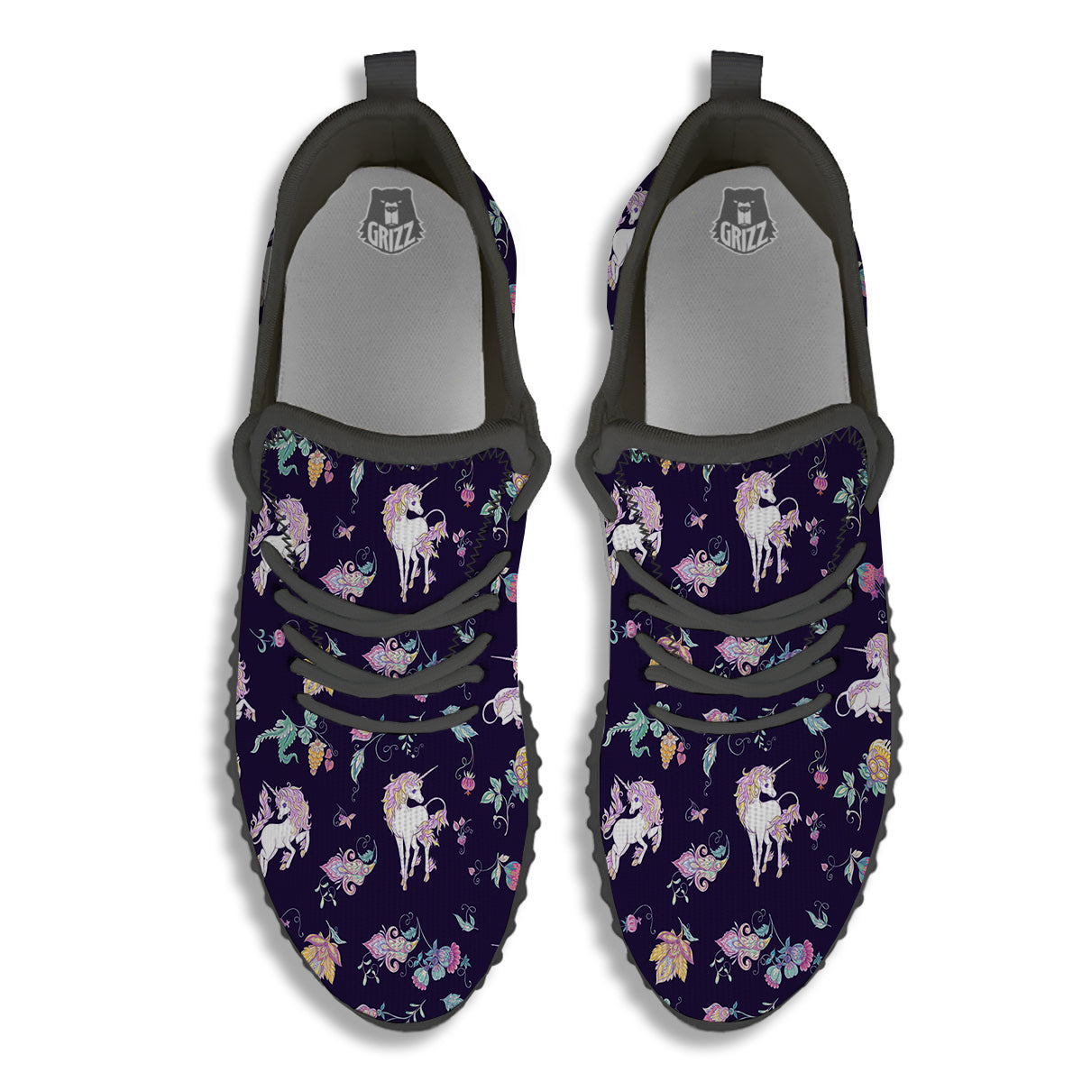 Unicorn Night Floral Print Pattern Black Walking Shoes-grizzshop