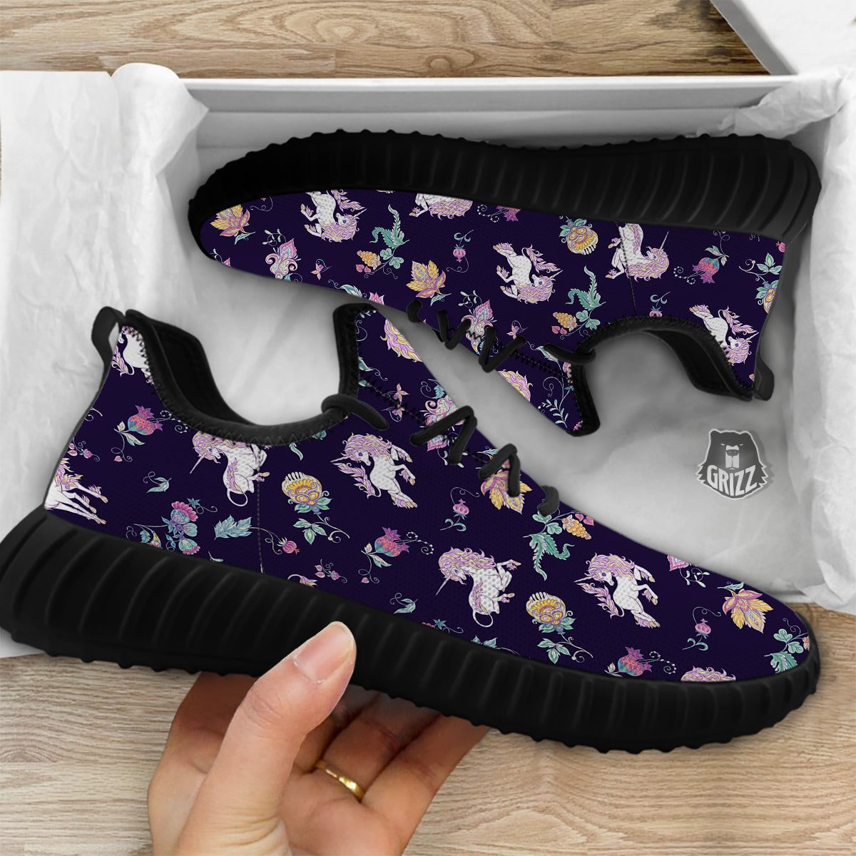 Unicorn Night Floral Print Pattern Black Walking Shoes-grizzshop