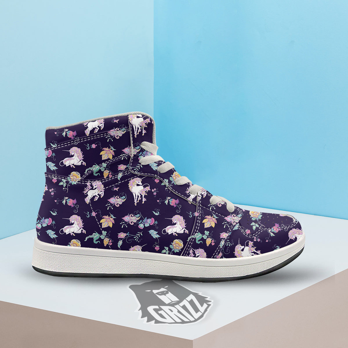 Unicorn Night Floral Print Pattern High Top Sneakers-grizzshop