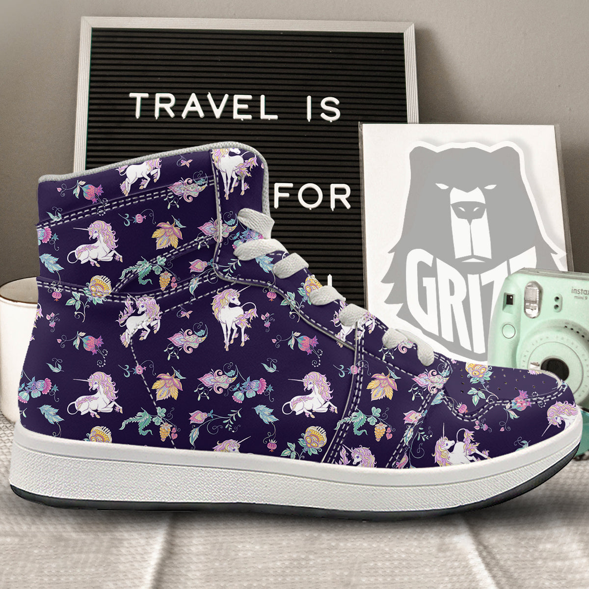 Unicorn Night Floral Print Pattern High Top Sneakers-grizzshop