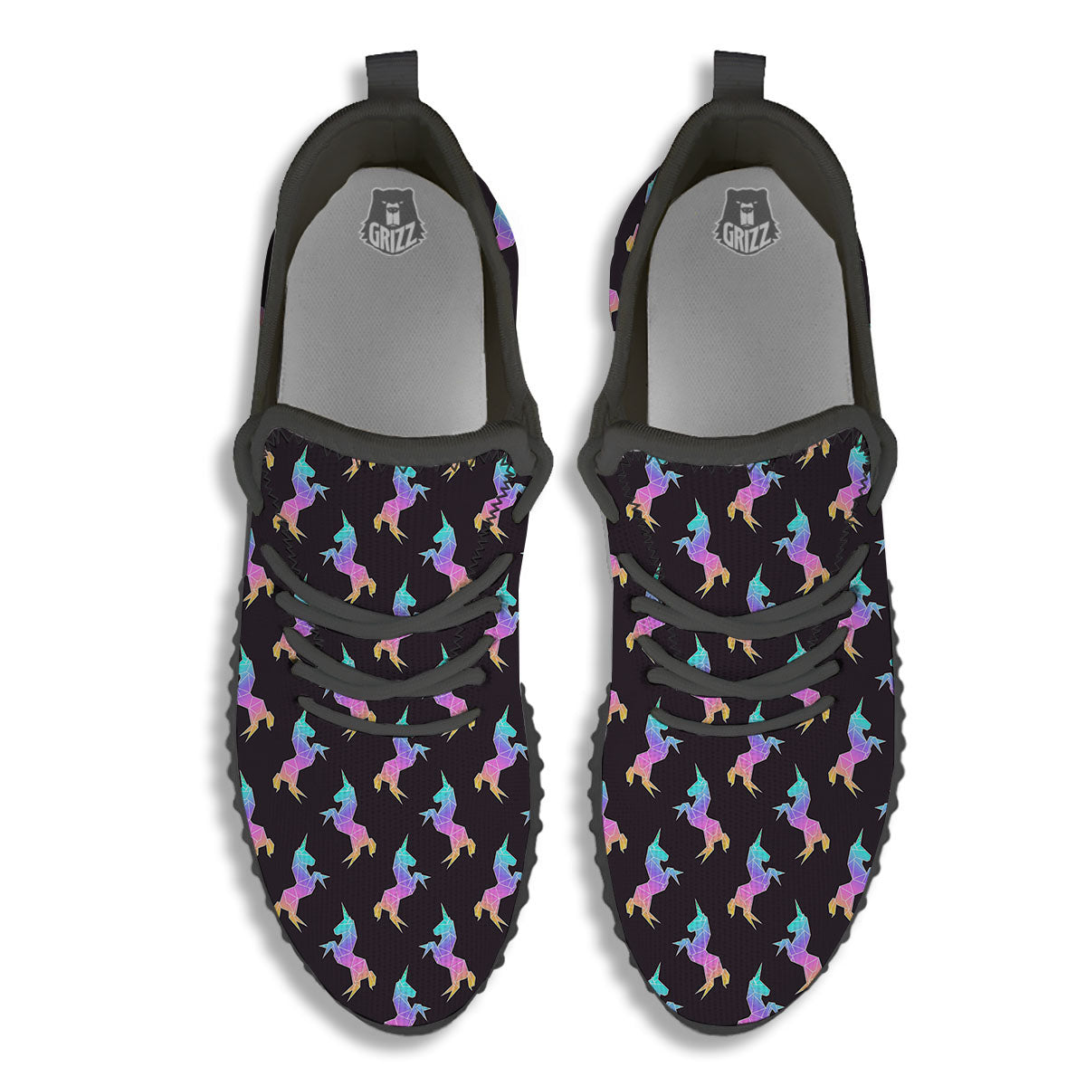 Unicorn Rainbow Origami Print Pattern Black Walking Shoes-grizzshop