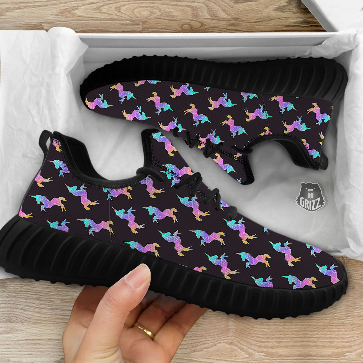 Unicorn Rainbow Origami Print Pattern Black Walking Shoes-grizzshop