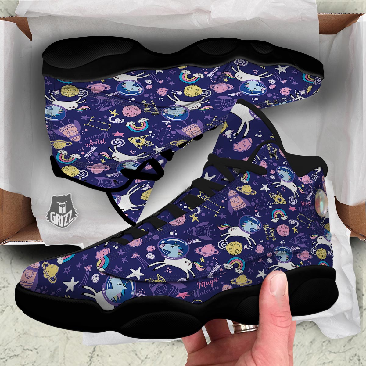 Unicorn Space Astronaut Print Pattern Black Basketball Shoes-grizzshop