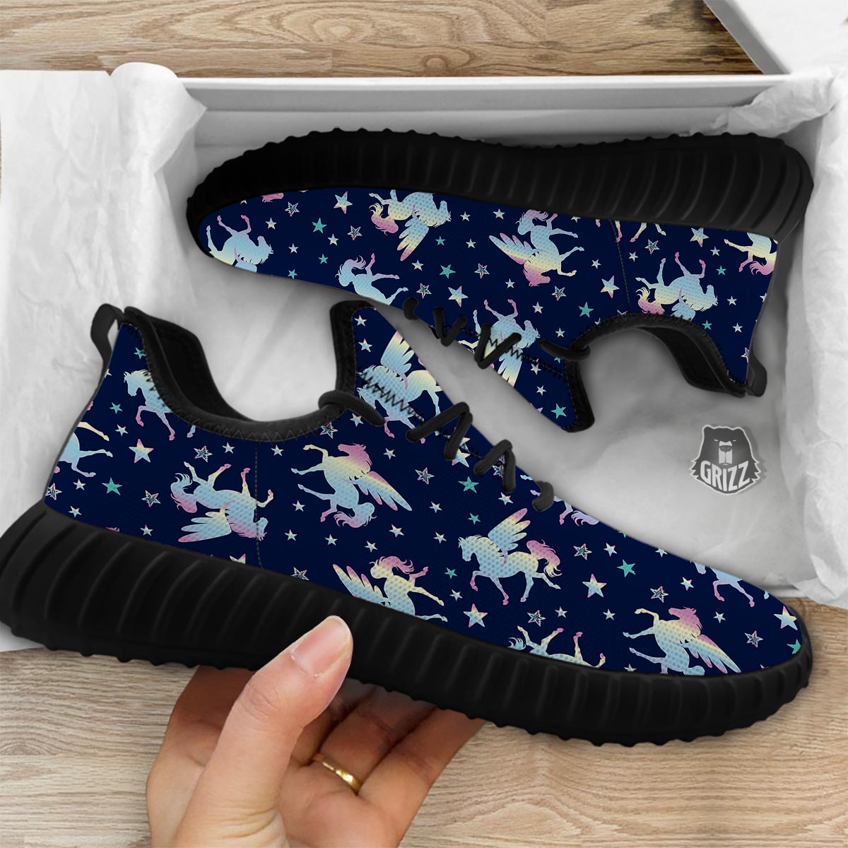 Unicorn Star Fairy Print Pattern Black Walking Shoes-grizzshop