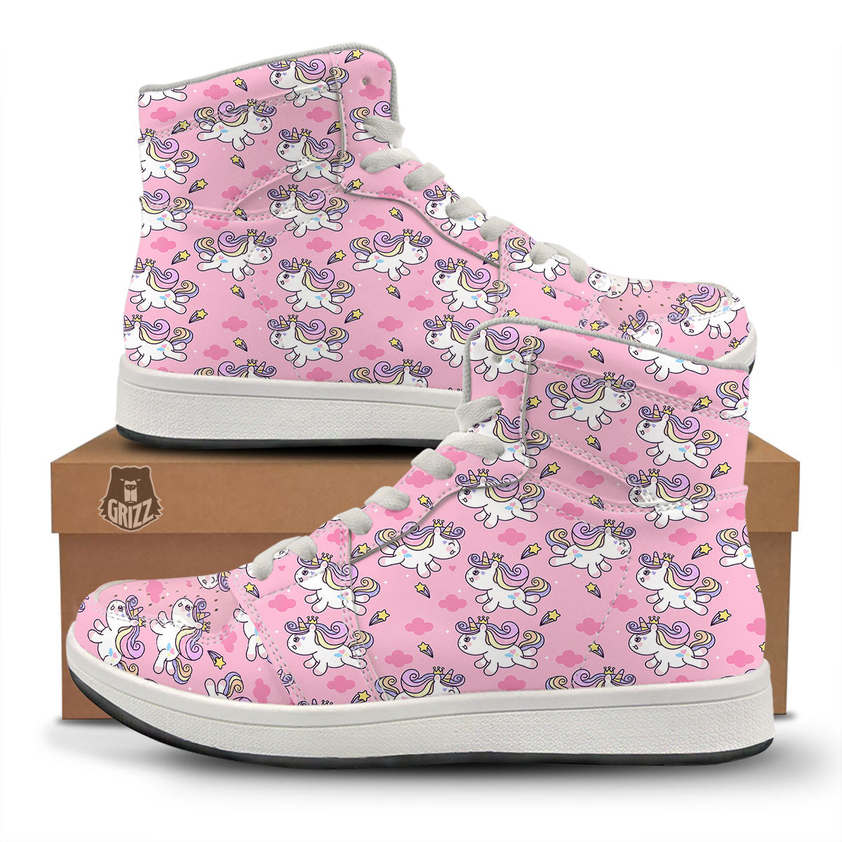 Unicorn White Girly Print Pattern High Top Sneakers-grizzshop