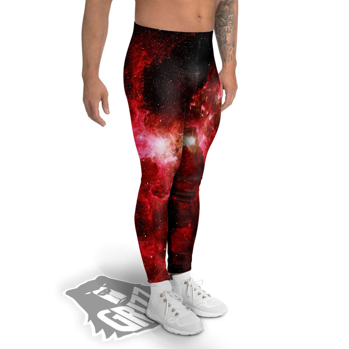 Universe Galaxy Space Red Stardust Print Men's Leggings-grizzshop
