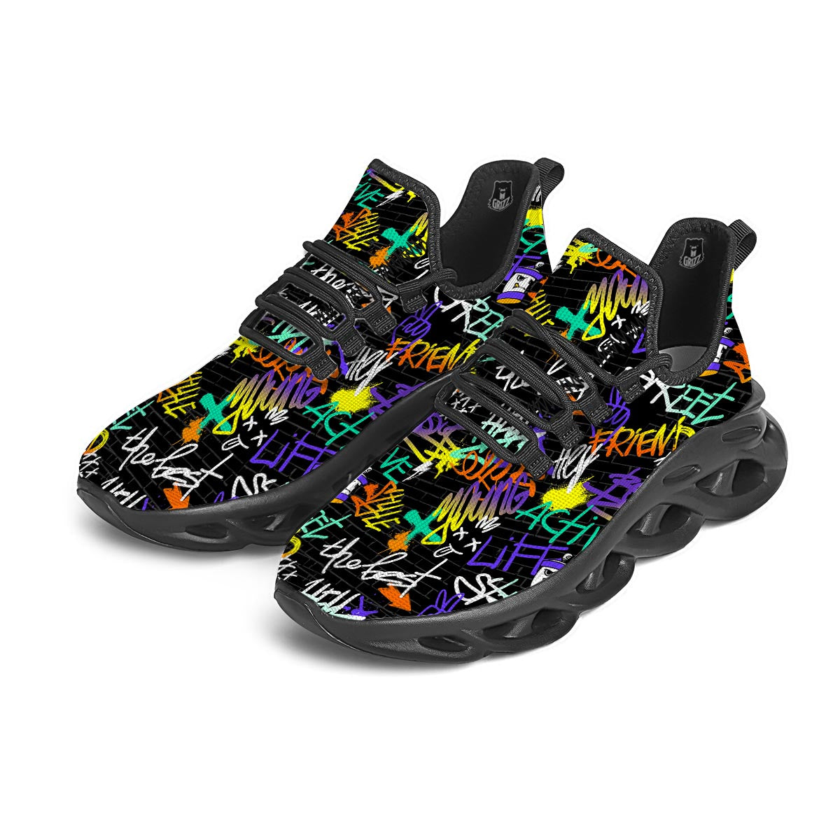 Urban Graffiti Print Black Running Shoes-grizzshop