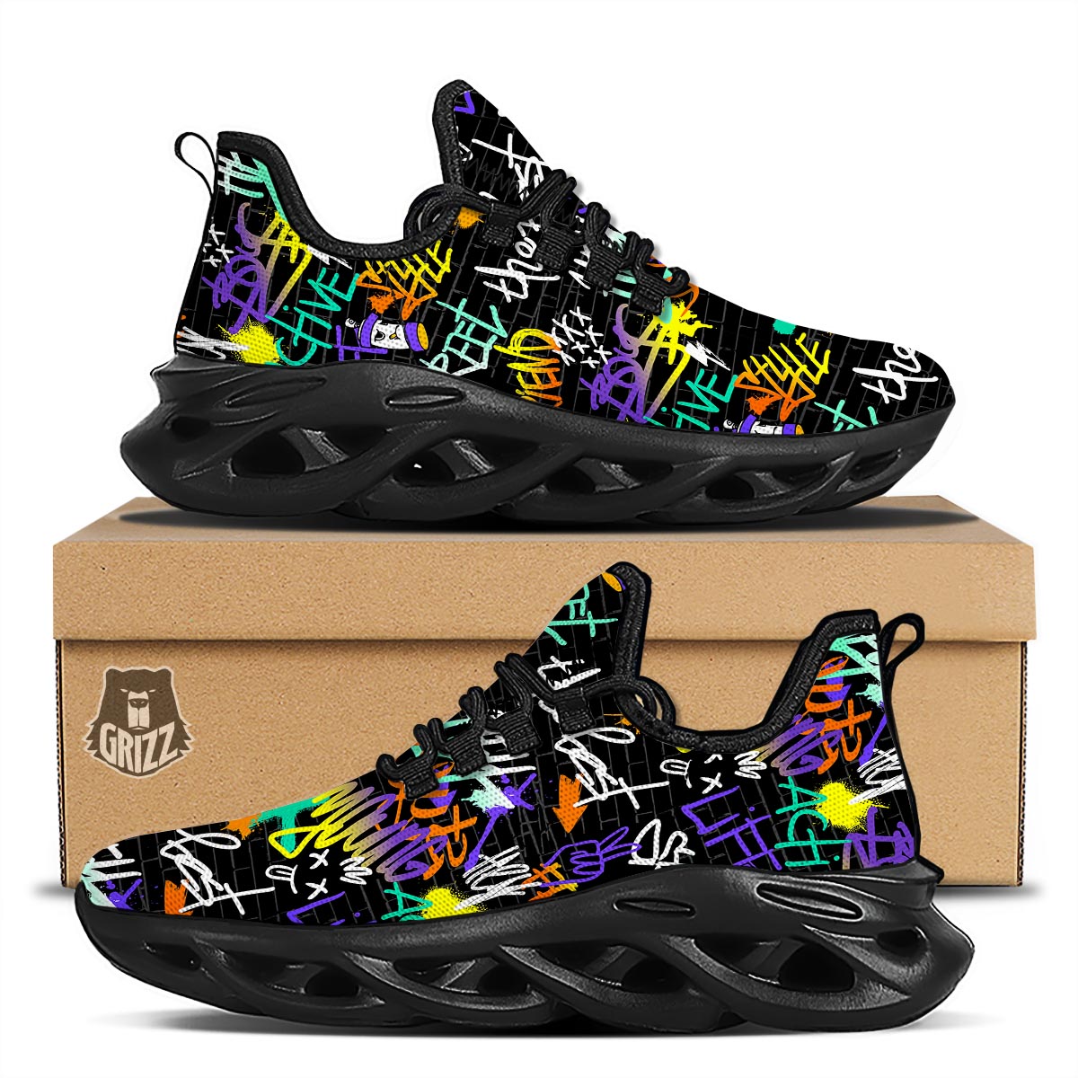 Urban Graffiti Print Black Running Shoes-grizzshop