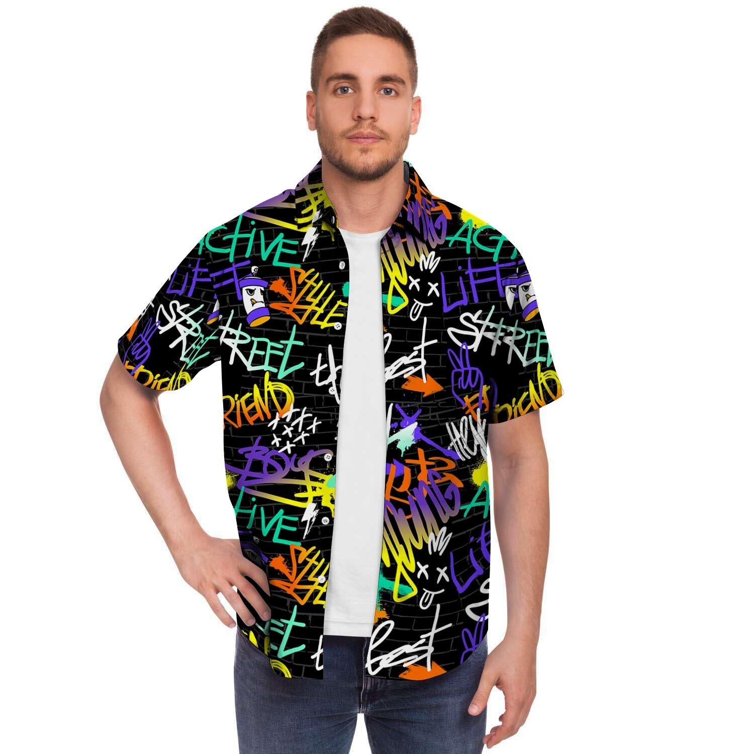 Urban Graffiti Print Men's Short Sleeve Shirt-grizzshop