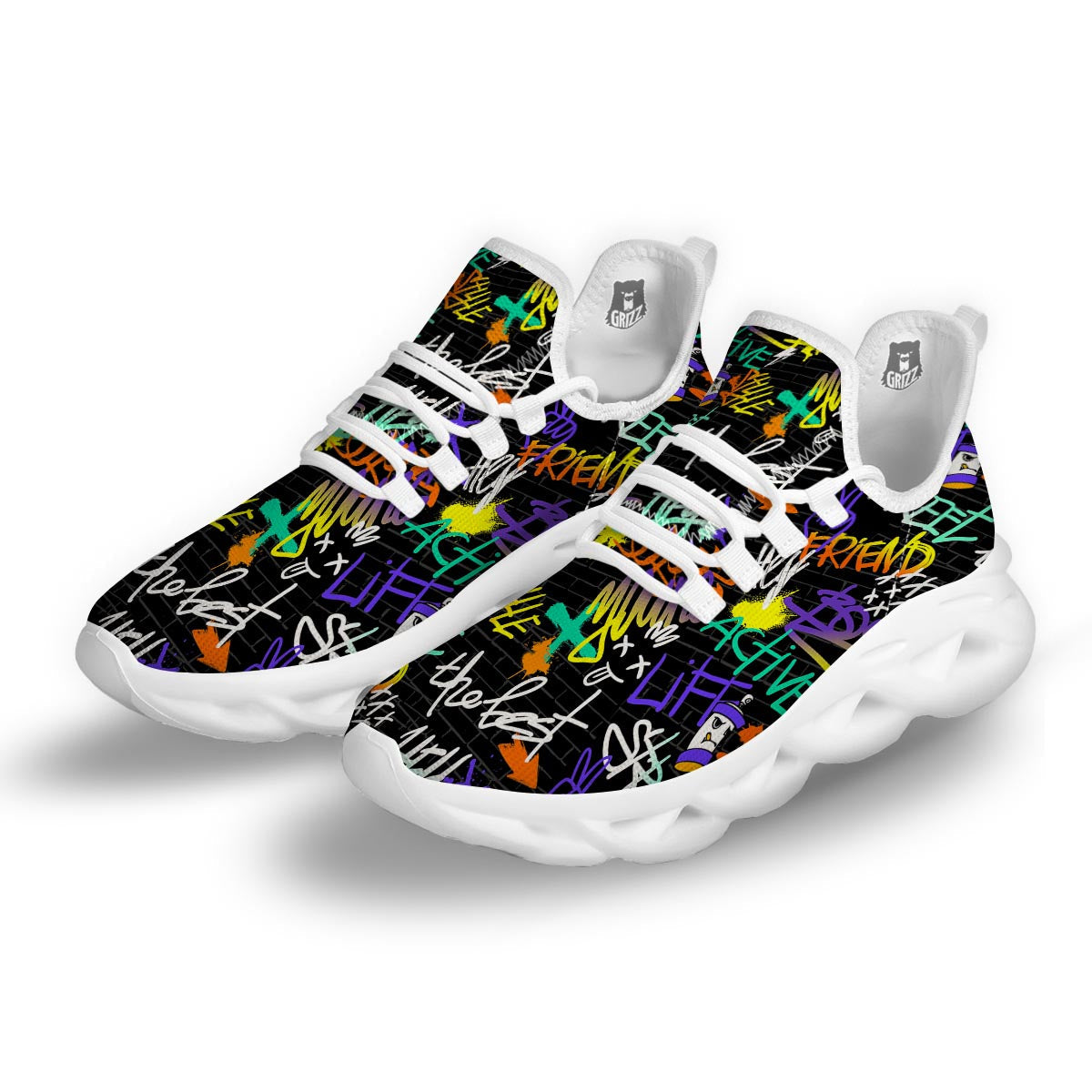 Urban Graffiti Print White Running Shoes-grizzshop