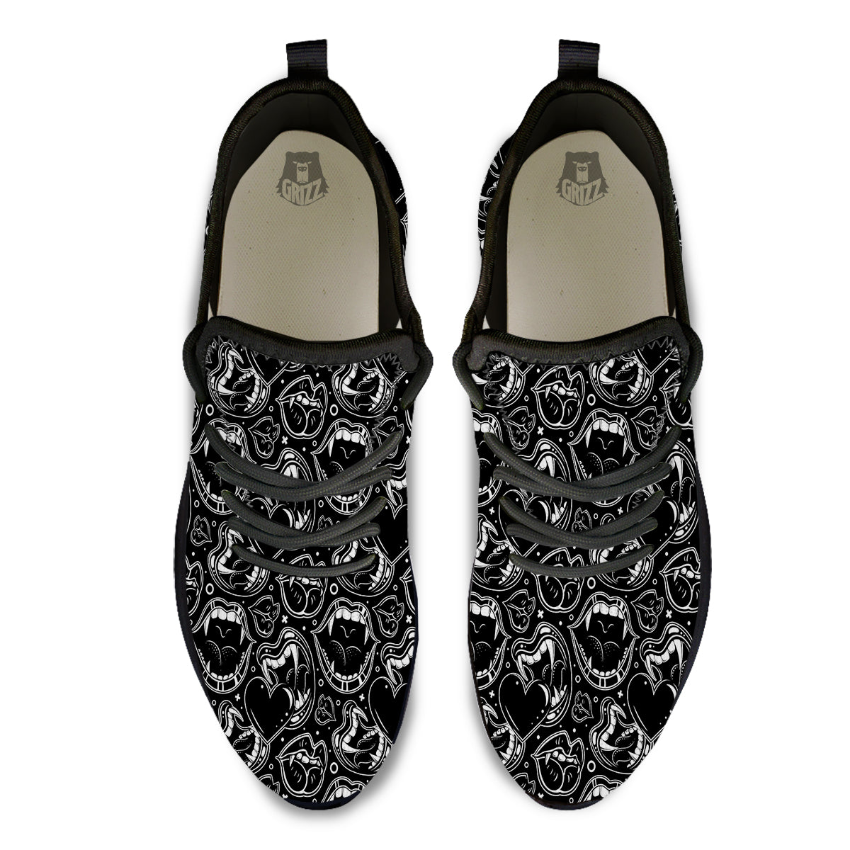 Vampire Mouth Black and White Print Pattern Black Athletic Shoes-grizzshop