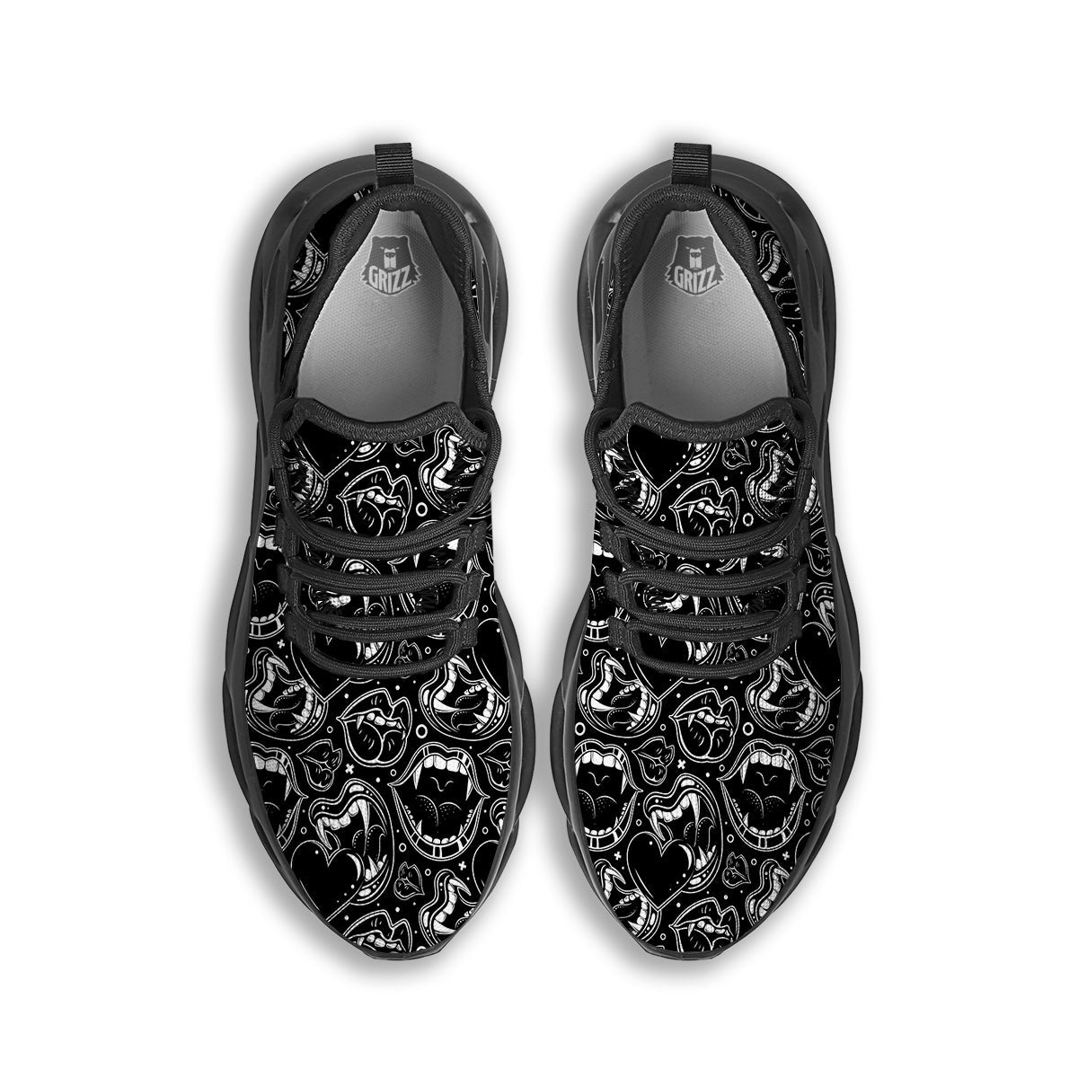 Vampire Mouth Black and White Print Pattern Black Running Shoes-grizzshop