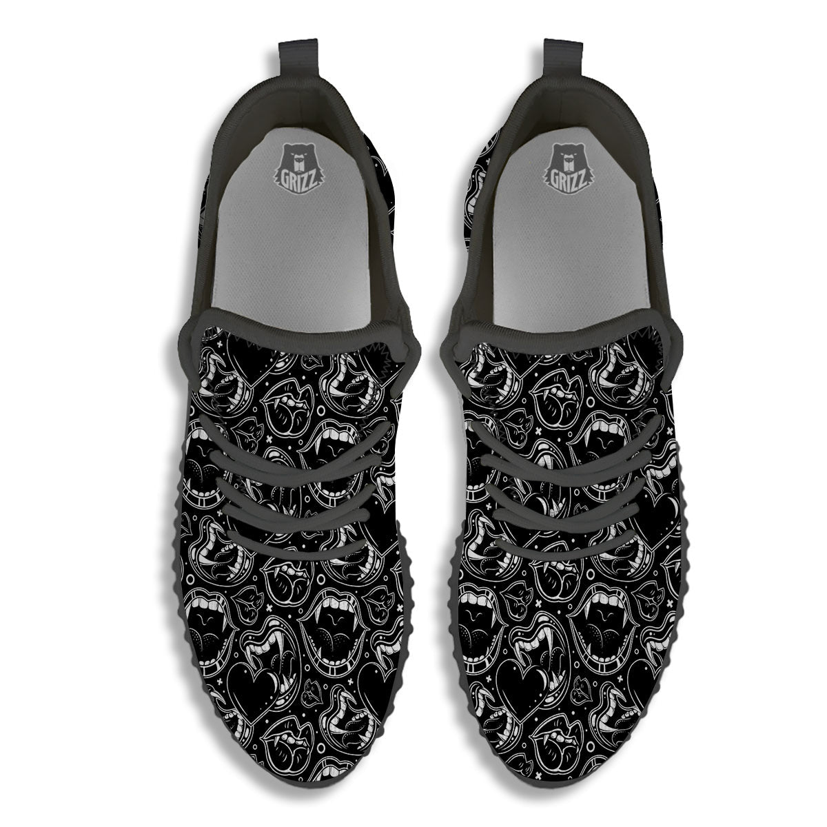 Vampire Mouth Black and White Print Pattern Black Walking Shoes-grizzshop