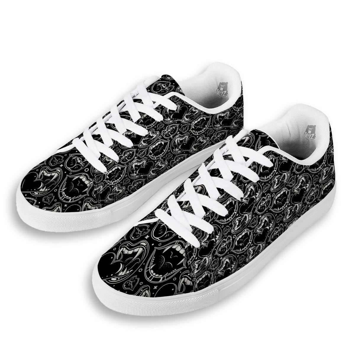 Vampire Mouth Black and White Print Pattern White Low Top Sneakers-grizzshop