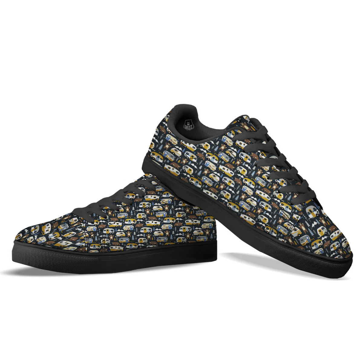 Van Camping Print Pattern Black Low Top Sneakers-grizzshop