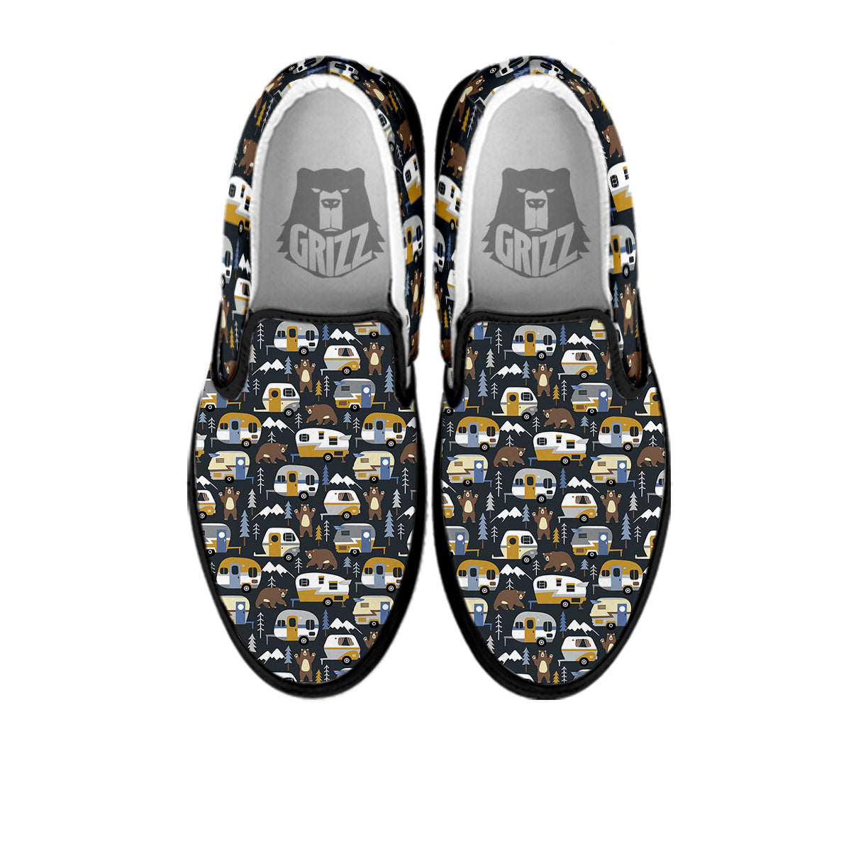 Van Camping Print Pattern Black Slip On Shoes-grizzshop