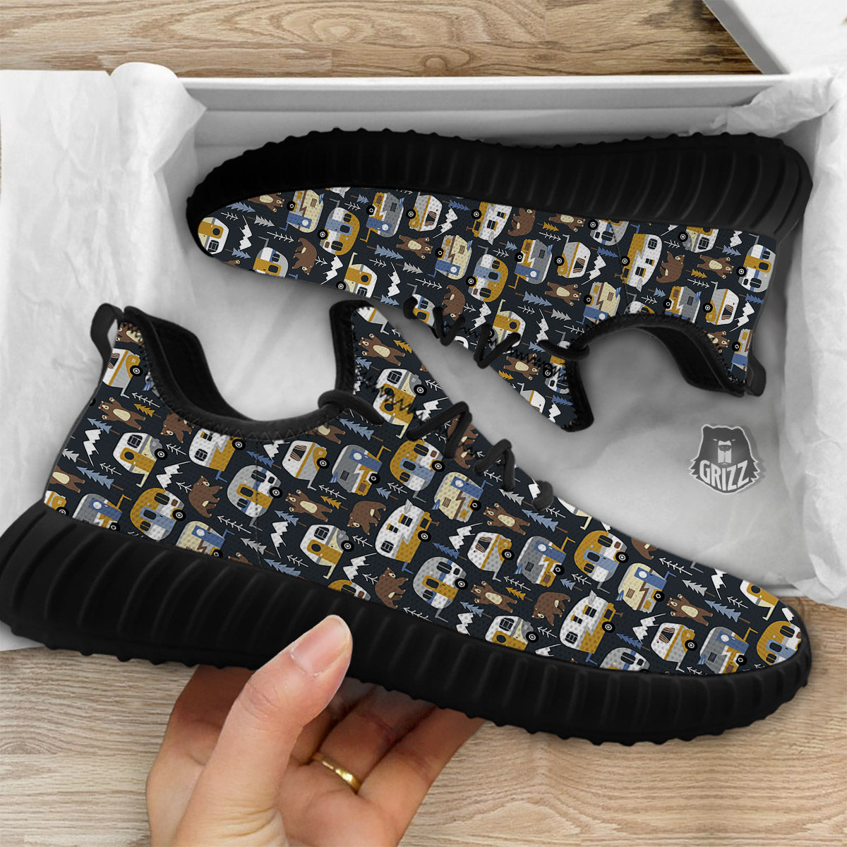 Van Camping Print Pattern Black Walking Shoes-grizzshop