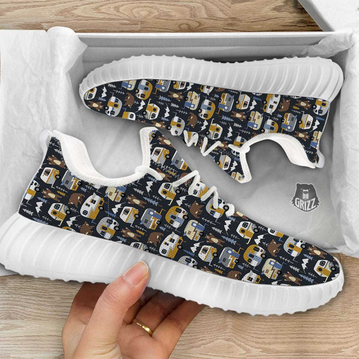 Van Camping Print Pattern White Walking Shoes-grizzshop