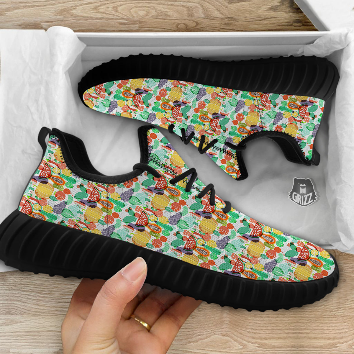 Vegetable Colorful Print Pattern Black Walking Shoes-grizzshop