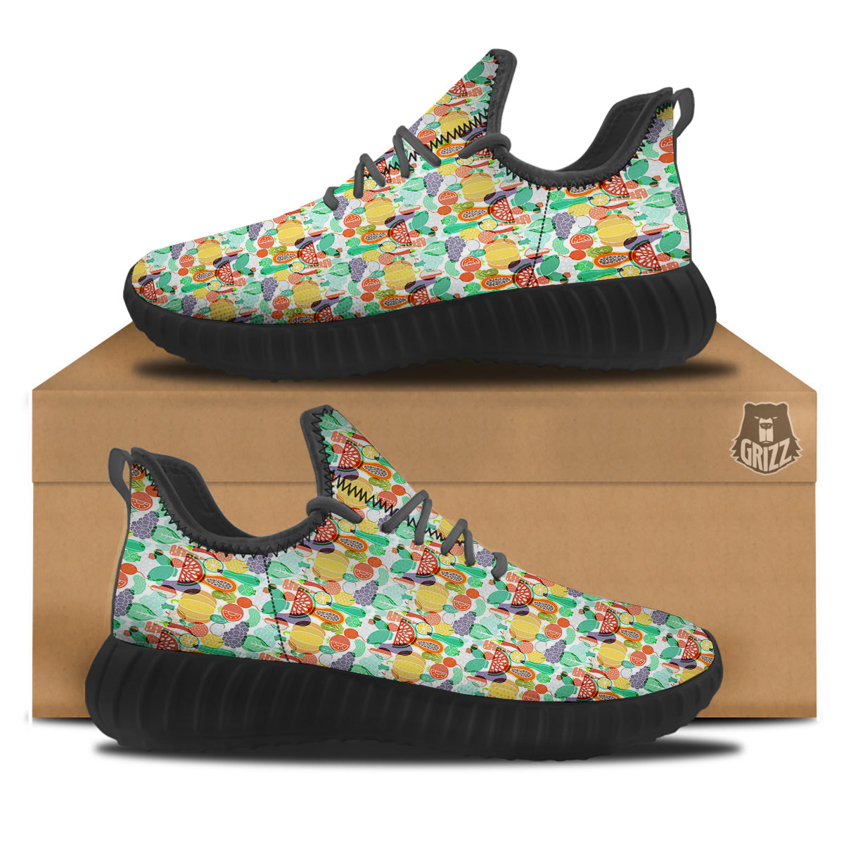 Vegetable Colorful Print Pattern Black Walking Shoes-grizzshop