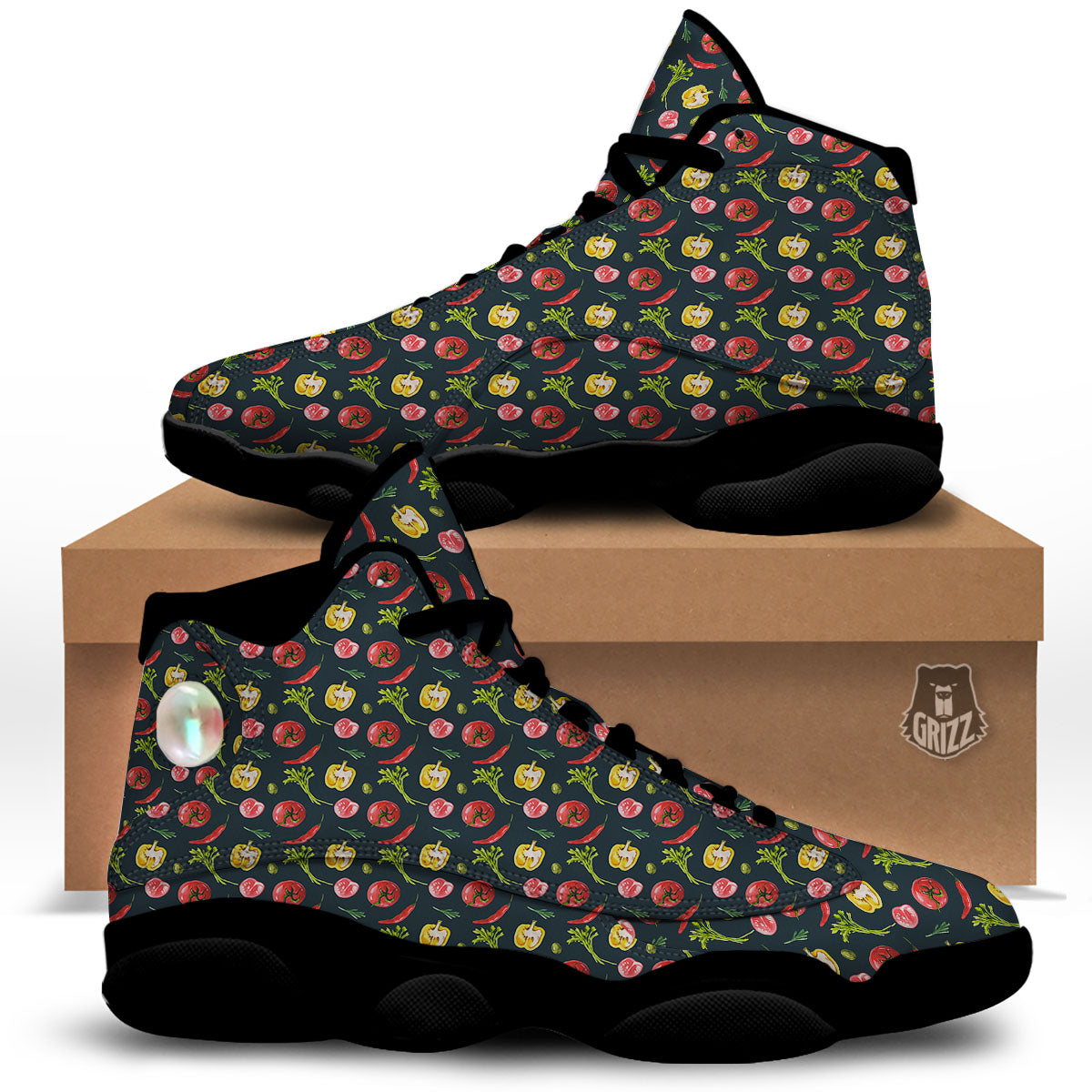 Vegetable Print Pattern Black Basketball Shoes-grizzshop