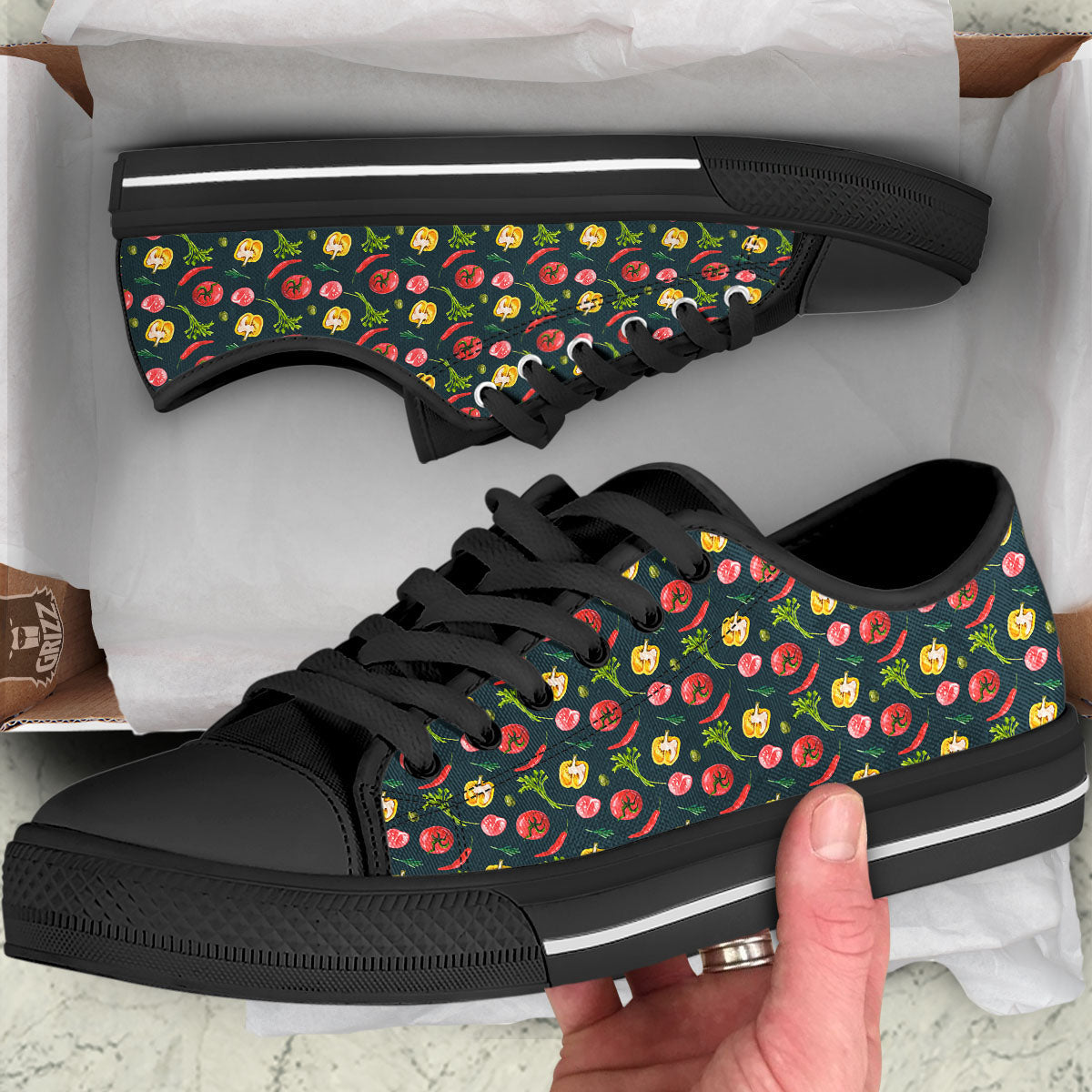 Vegetable Print Pattern Black Low Top Shoes-grizzshop