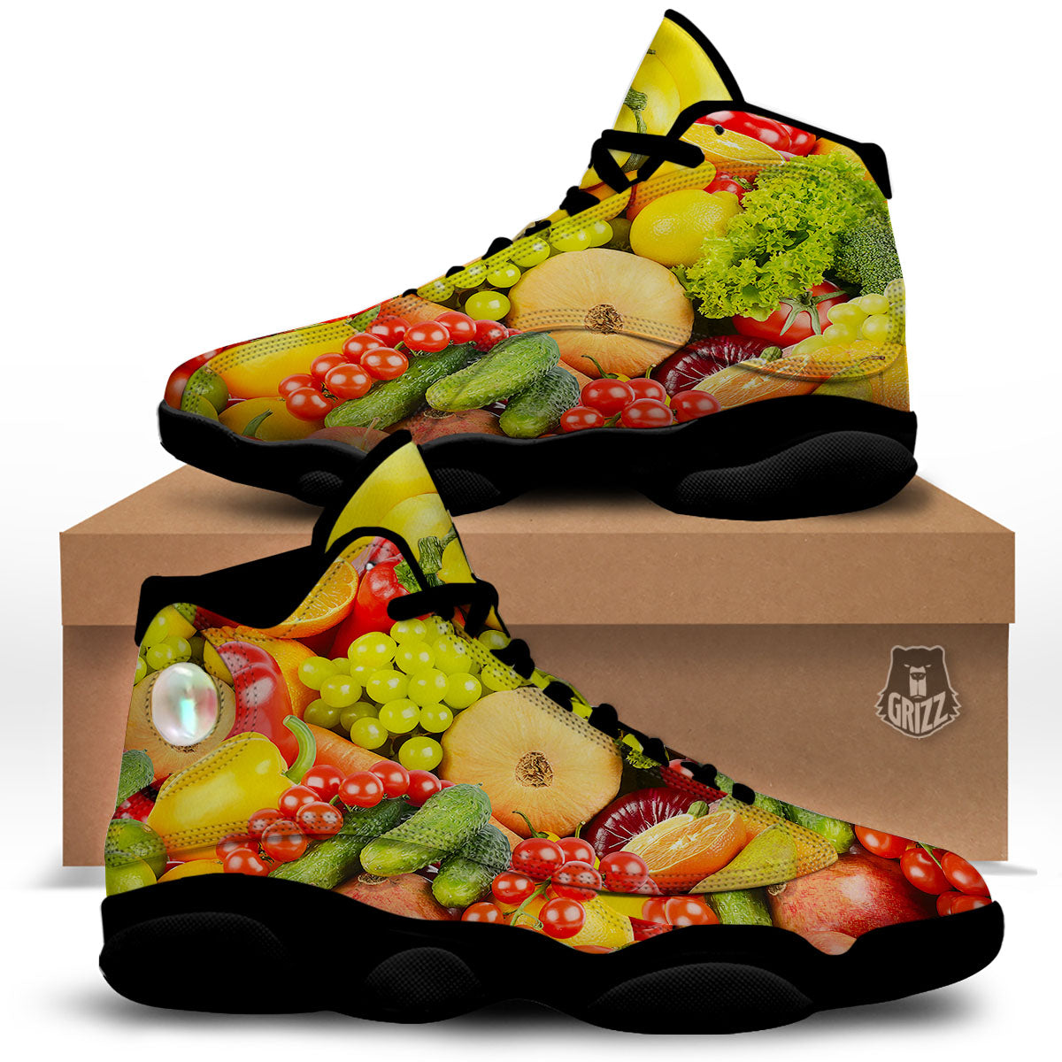 Vegetables And Fresh Fruits Print Black Basketball Shoes-grizzshop