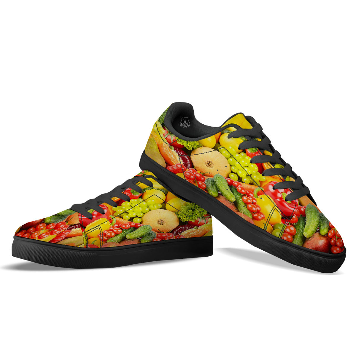 Vegetables And Fresh Fruits Print Black Low Top Sneakers-grizzshop