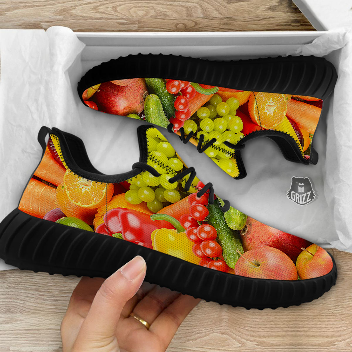 Vegetables And Fresh Fruits Print Black Walking Shoes-grizzshop