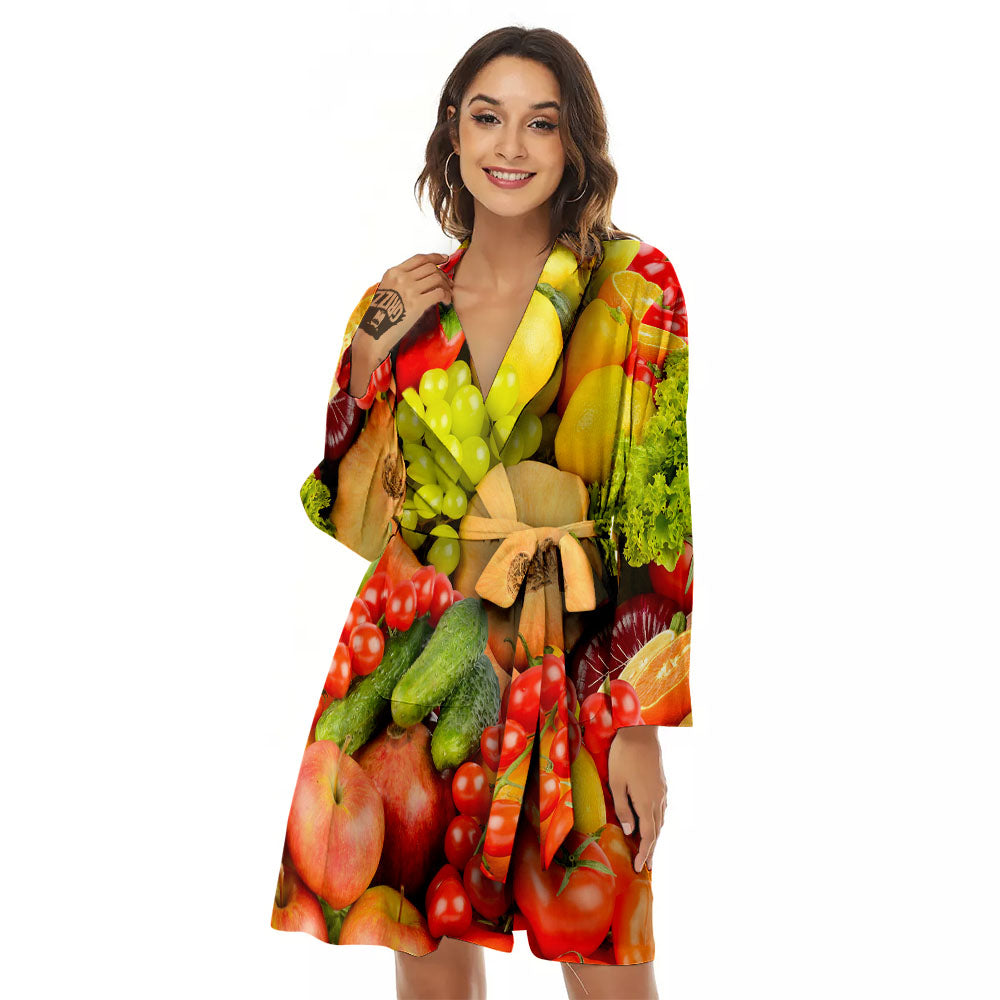 Vegetables And Fresh Fruits Print Women's Robe-grizzshop