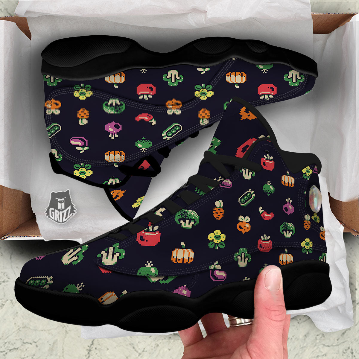 Vegetables Pixel Print Pattern Black Basketball Shoes-grizzshop