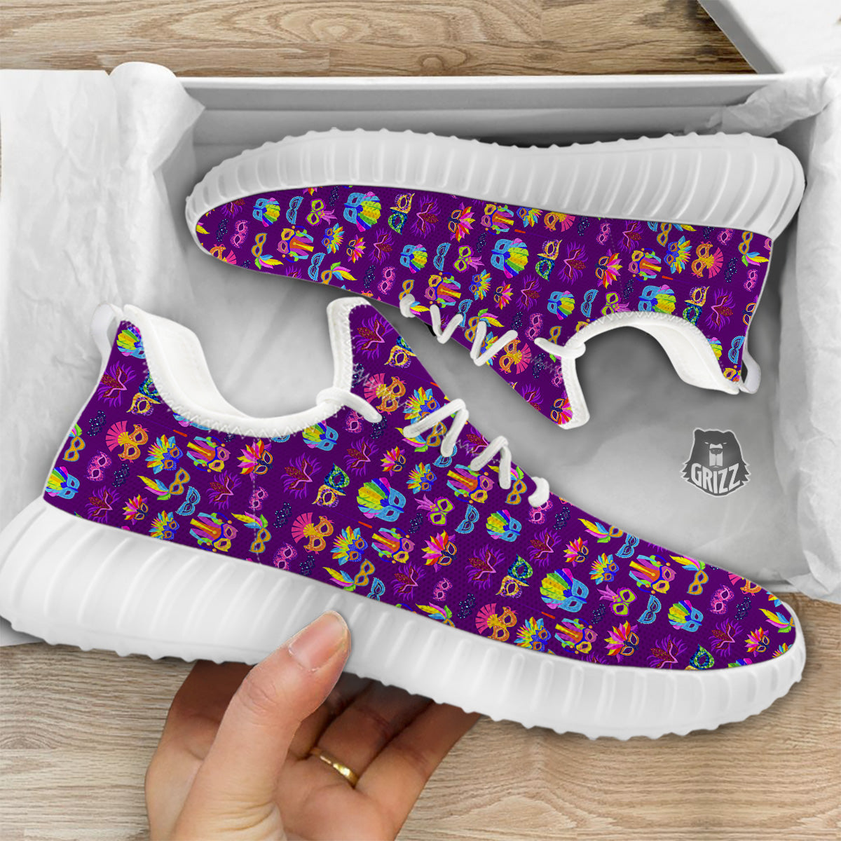 Venice Carnival Mask Print Pattern White Walking Shoes-grizzshop