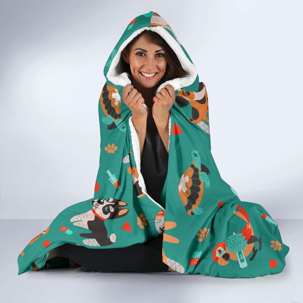 Veterianary Animal Pattern Print Hooded Blanket-grizzshop
