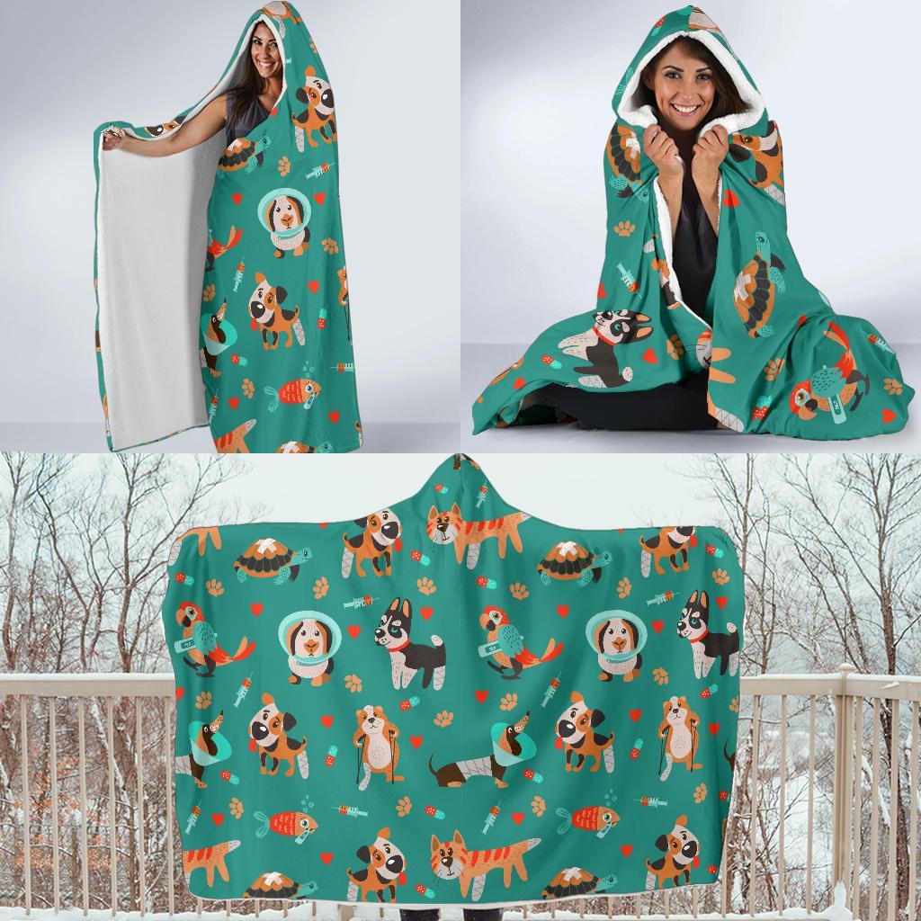 Veterianary Animal Pattern Print Hooded Blanket-grizzshop