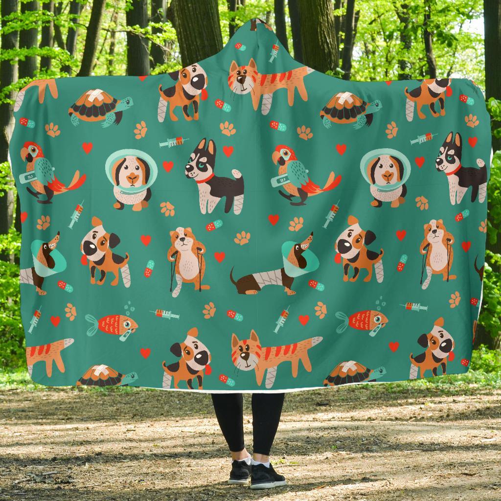 Veterianary Animal Pattern Print Hooded Blanket-grizzshop
