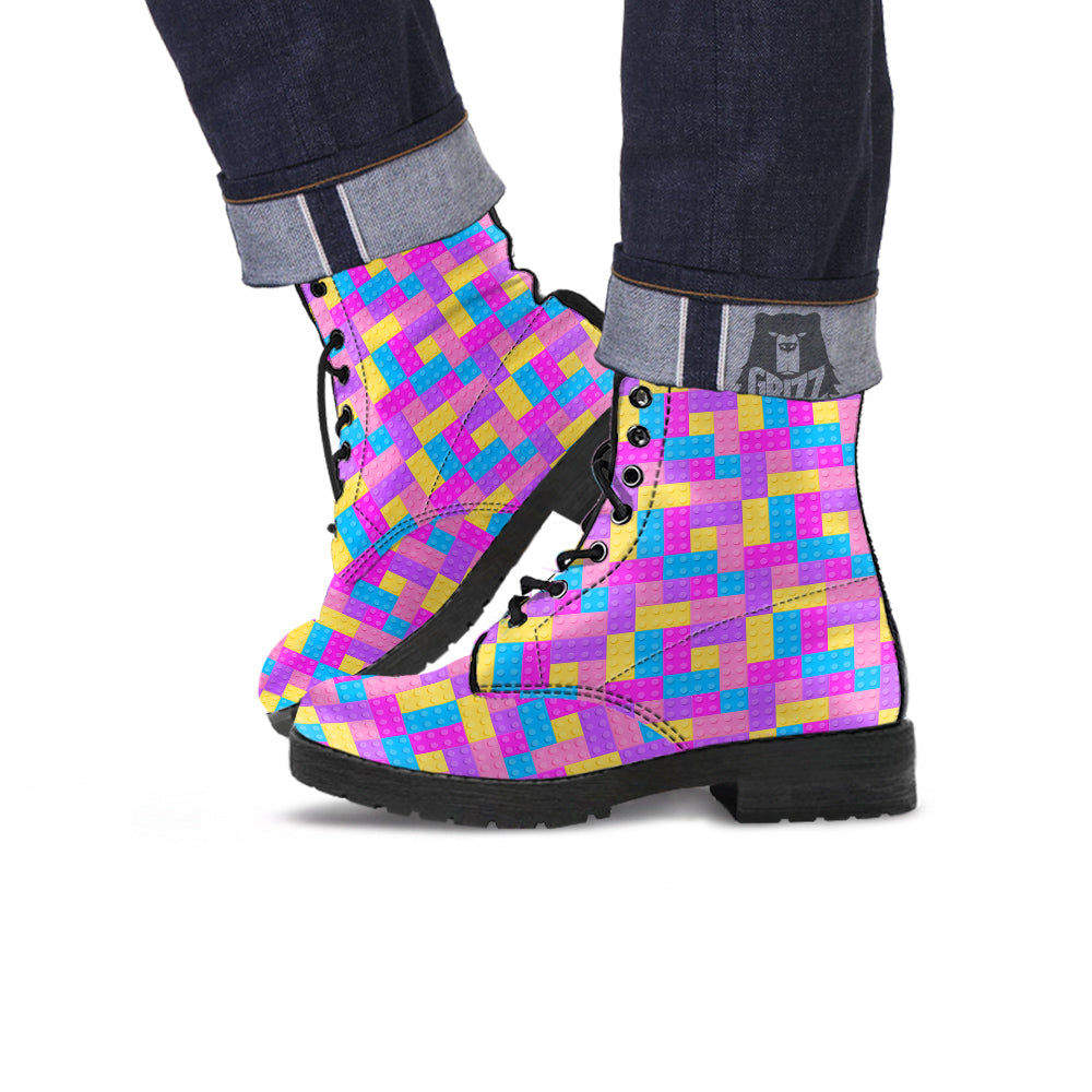 Video Game Colorful Block Puzzle Print Leather Boots-grizzshop